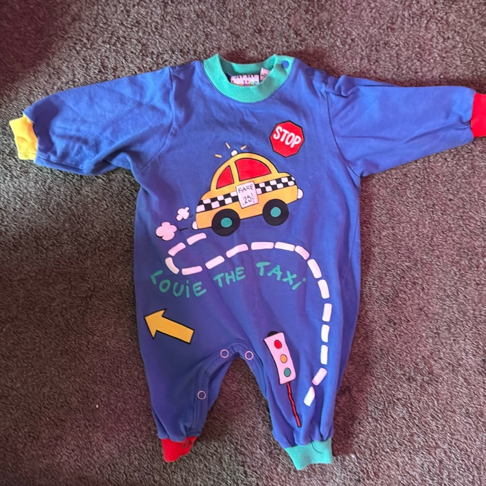 Vintage‎ Jet Set Babies Romper Primary Color “Louie the Taxi” 9 Months